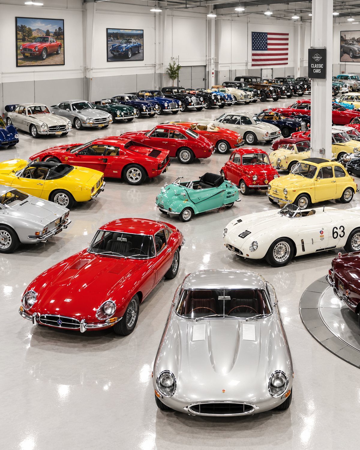 Klassische Sportwagen in einer Ausstellungshalle in den USA